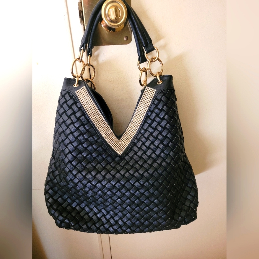 Black Woven Hobo Shoulder Bag with Gold and Rhinestone Accent